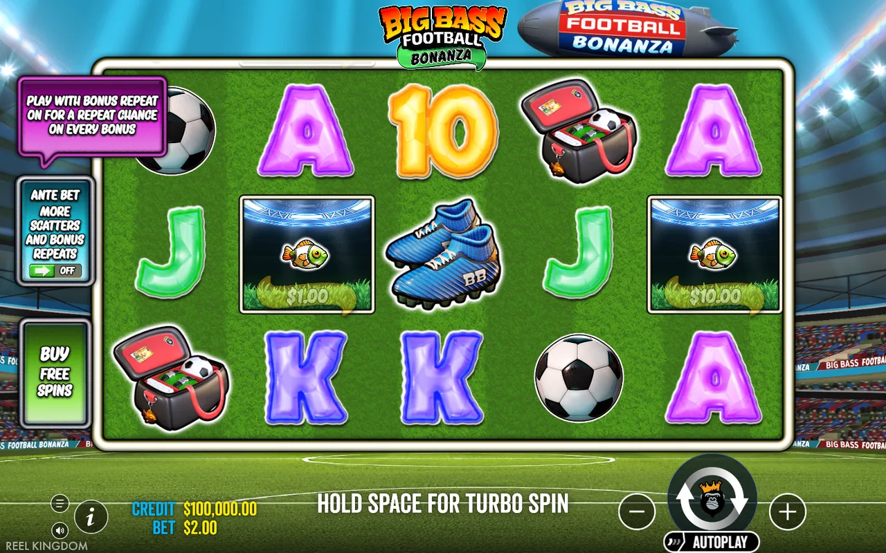 Big Bass Football Bonanza 5x3 reels with football boots and money fish