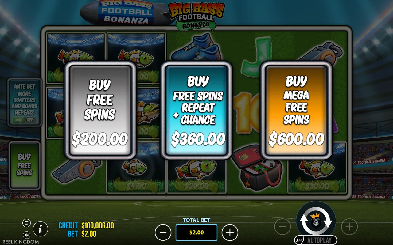 Big Bass Football Bonanza menu with three Free Spins feature choices