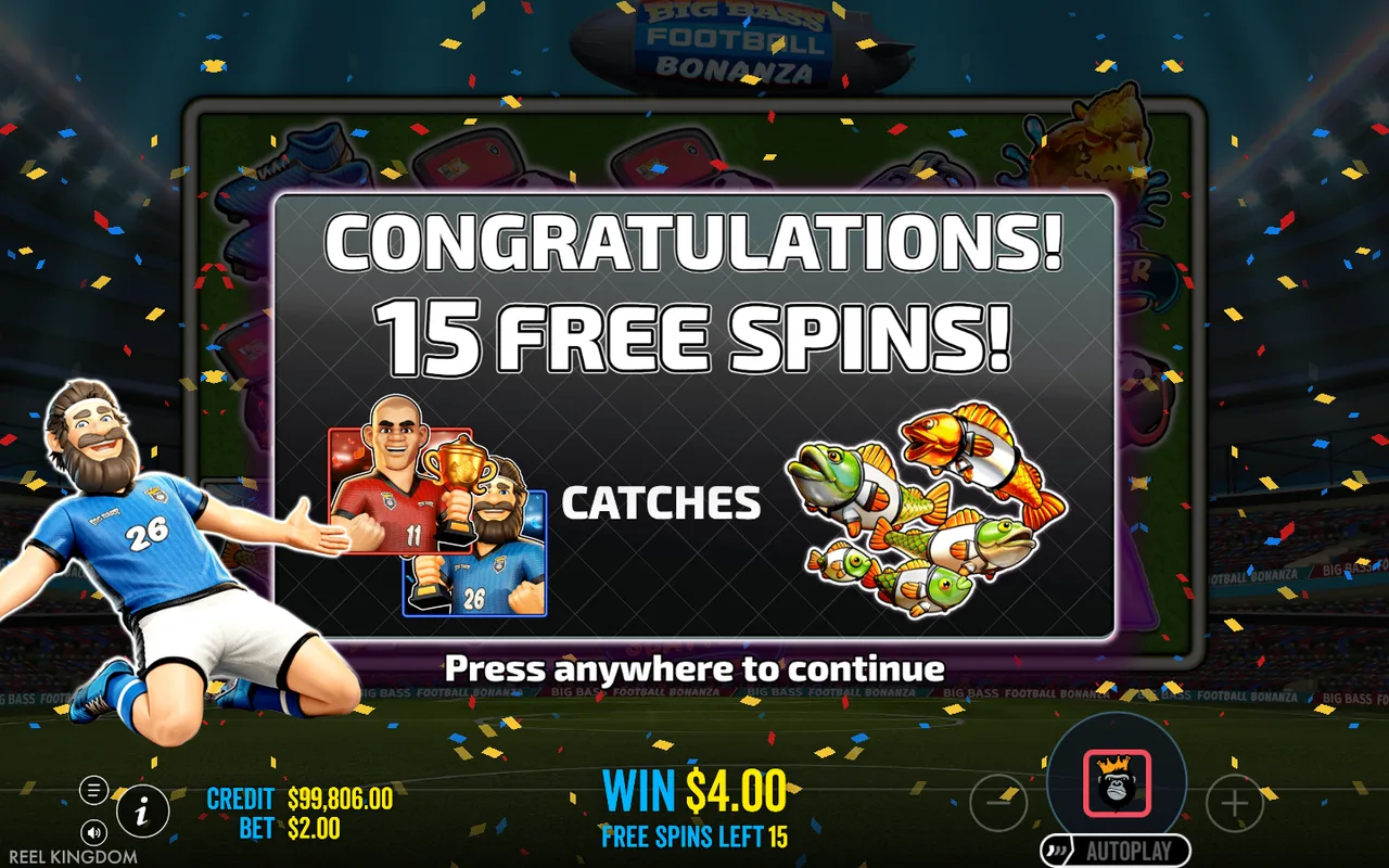 Big Bass Football Bonanza award screen showing 15 Free Spins