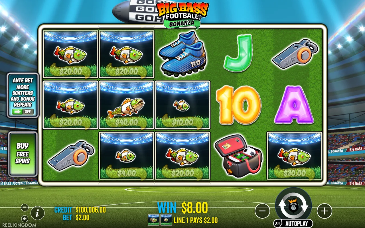 Big Bass Football Bonanza reels with trophy scatters, whistles and fish values