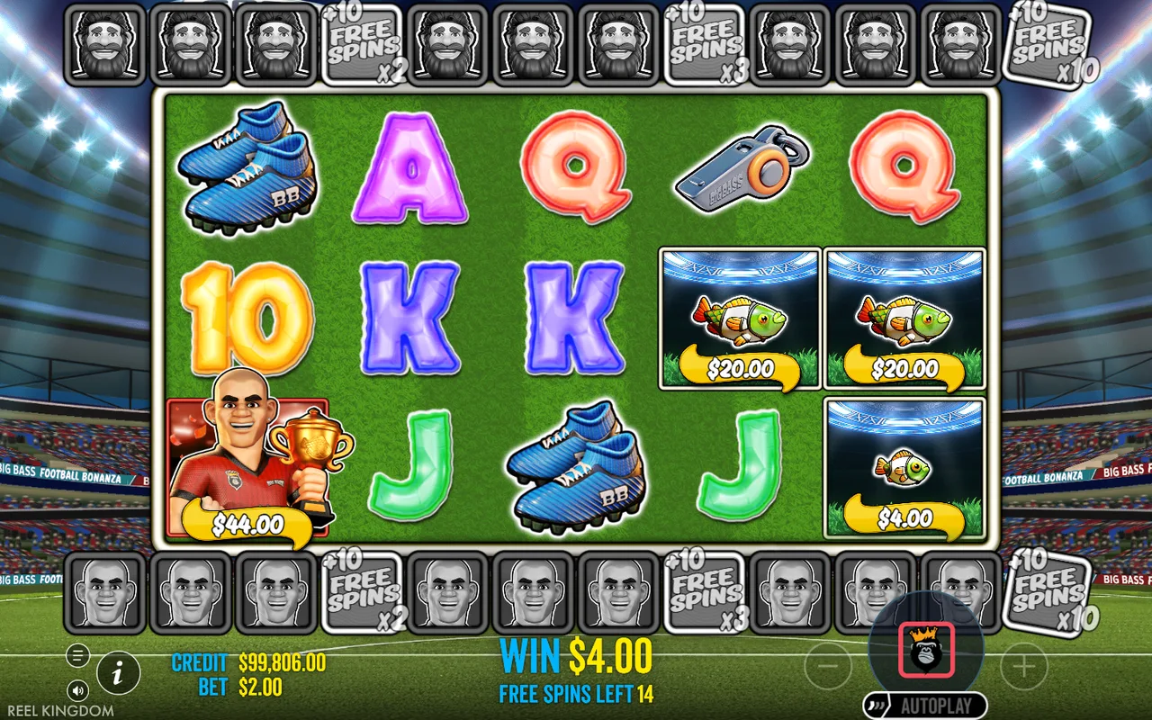 Big Bass Football Bonanza bonus with red and blue Wild collection meters